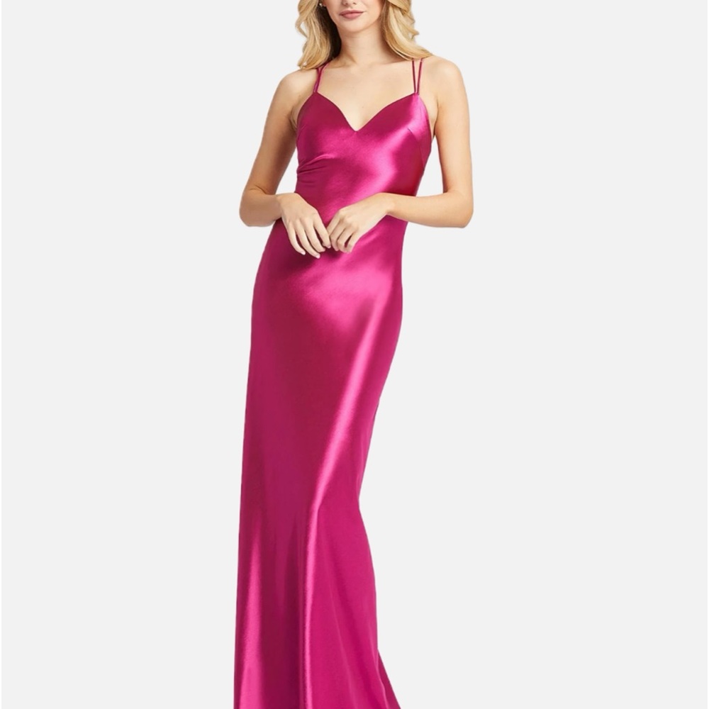 NWT Ieena MacDuggal Satin Strappy Plunge Lace Up Satin Sheath Gown Dress Pink
